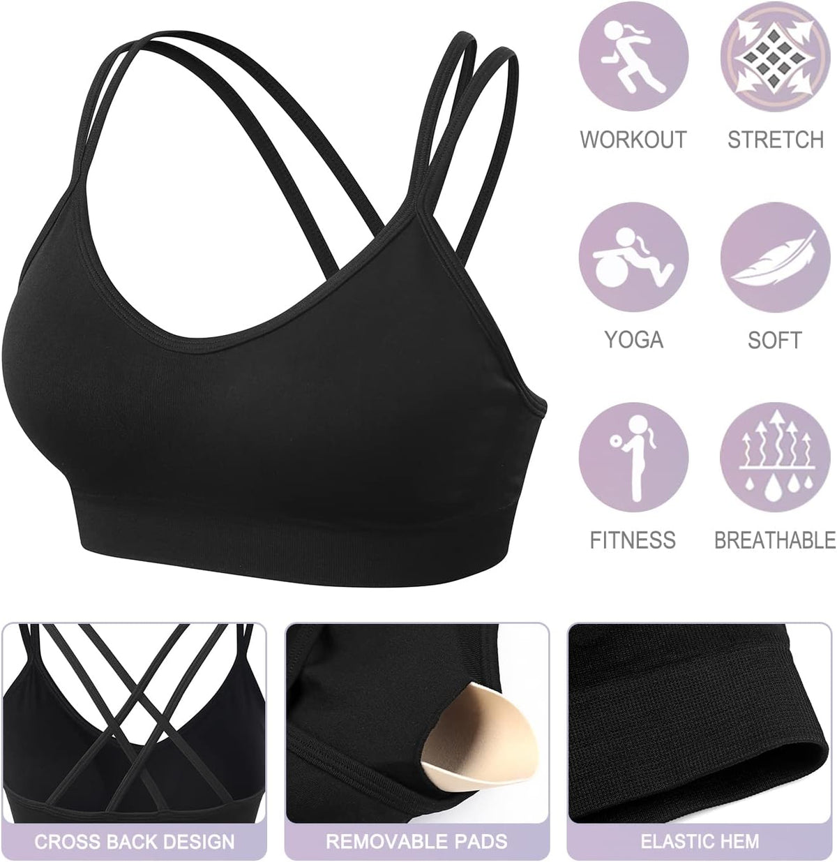Strappy Cross Back Women Sports Bra Pack for Medium Support Workout | Removable Padded Cups, Spaghetti Strap, Comfort Seamless Wirefree, Soft Breathable Fabric, for Gym/Yoga/Pilates/Walking/Daily