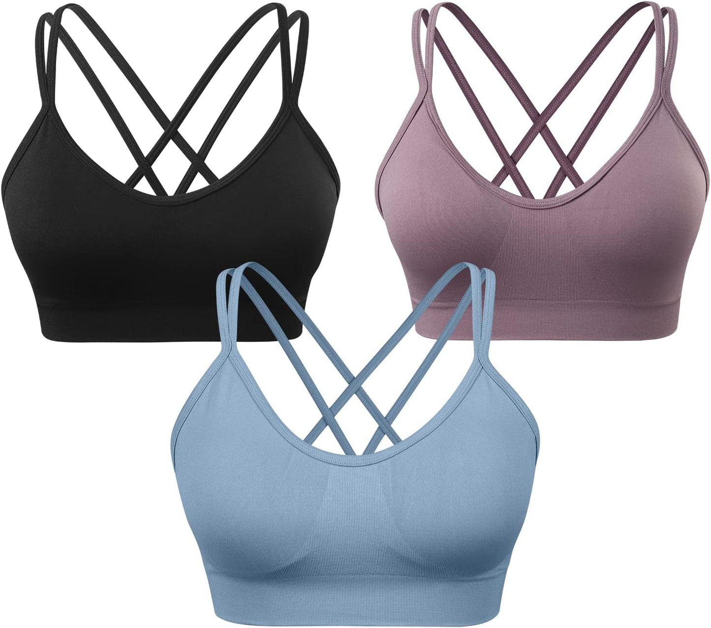 Strappy Cross Back Women Sports Bra Pack for Medium Support Workout | Removable Padded Cups, Spaghetti Strap, Comfort Seamless Wirefree, Soft Breathable Fabric, for Gym/Yoga/Pilates/Walking/Daily