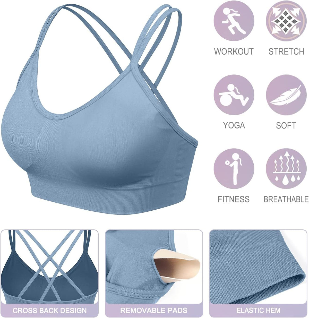 Strappy Cross Back Women Sports Bra Pack for Medium Support Workout | Removable Padded Cups, Spaghetti Strap, Comfort Seamless Wirefree, Soft Breathable Fabric, for Gym/Yoga/Pilates/Walking/Daily