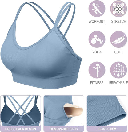 Strappy Cross Back Women Sports Bra Pack for Medium Support Workout | Removable Padded Cups, Spaghetti Strap, Comfort Seamless Wirefree, Soft Breathable Fabric, for Gym/Yoga/Pilates/Walking/Daily