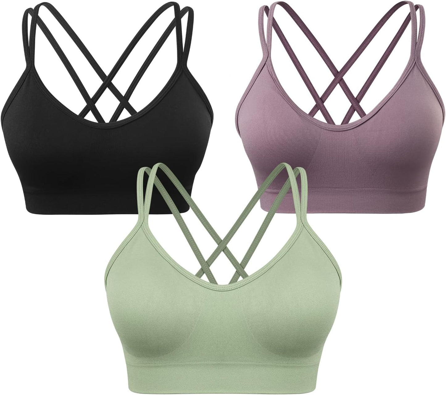 Strappy Cross Back Women Sports Bra Pack for Medium Support Workout | Removable Padded Cups, Spaghetti Strap, Comfort Seamless Wirefree, Soft Breathable Fabric, for Gym/Yoga/Pilates/Walking/Daily