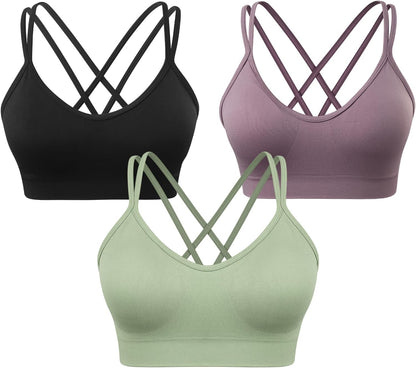 Strappy Cross Back Women Sports Bra Pack for Medium Support Workout | Removable Padded Cups, Spaghetti Strap, Comfort Seamless Wirefree, Soft Breathable Fabric, for Gym/Yoga/Pilates/Walking/Daily