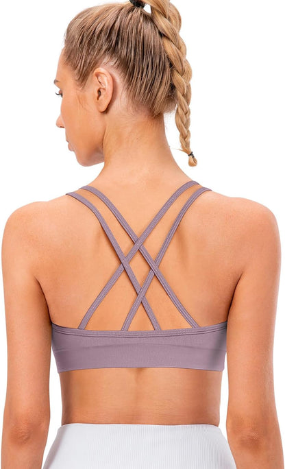 Strappy Cross Back Women Sports Bra Pack for Medium Support Workout | Removable Padded Cups, Spaghetti Strap, Comfort Seamless Wirefree, Soft Breathable Fabric, for Gym/Yoga/Pilates/Walking/Daily