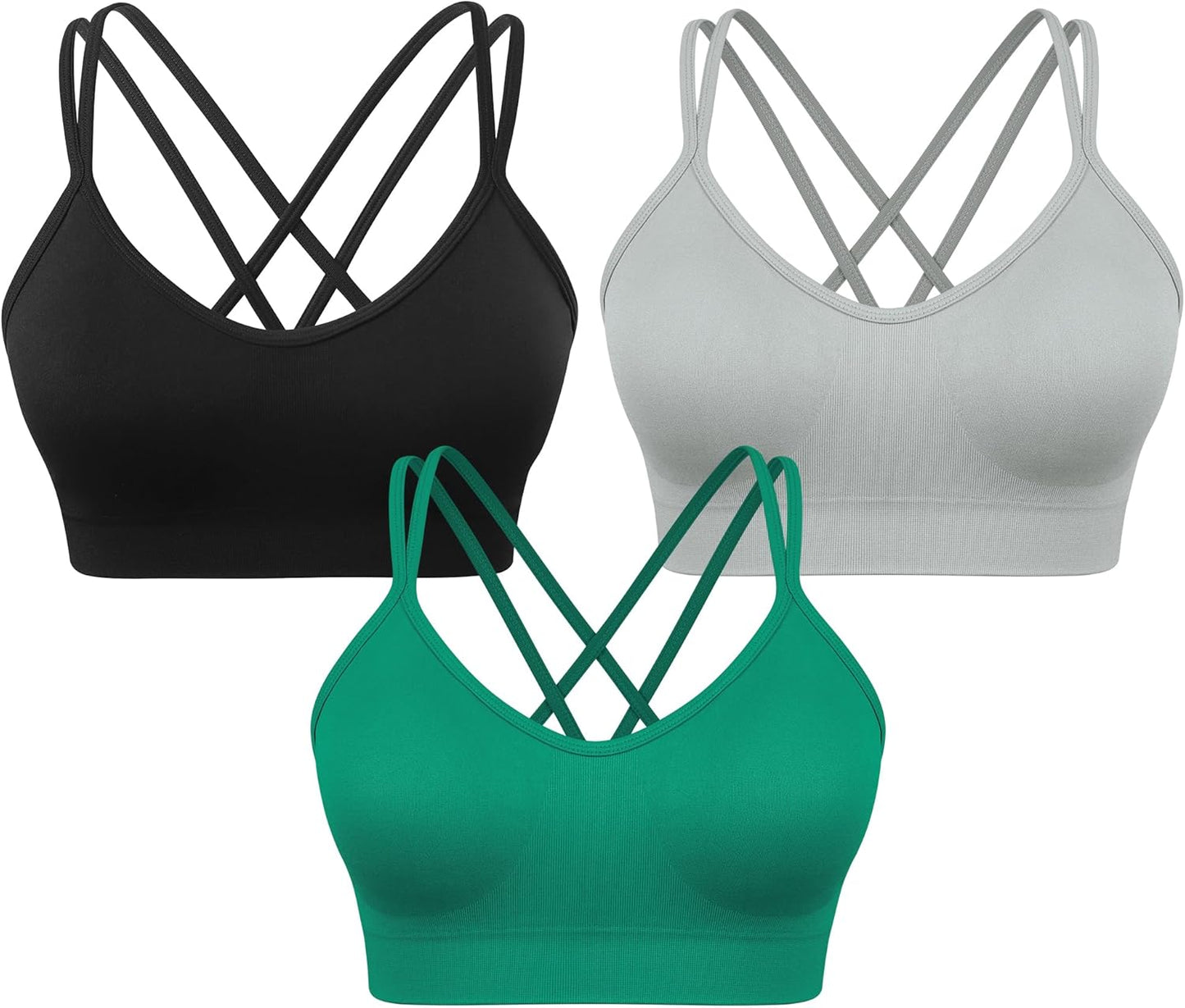 Strappy Cross Back Women Sports Bra Pack for Medium Support Workout | Removable Padded Cups, Spaghetti Strap, Comfort Seamless Wirefree, Soft Breathable Fabric, for Gym/Yoga/Pilates/Walking/Daily