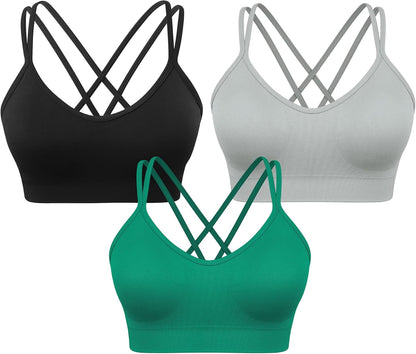 Strappy Cross Back Women Sports Bra Pack for Medium Support Workout | Removable Padded Cups, Spaghetti Strap, Comfort Seamless Wirefree, Soft Breathable Fabric, for Gym/Yoga/Pilates/Walking/Daily