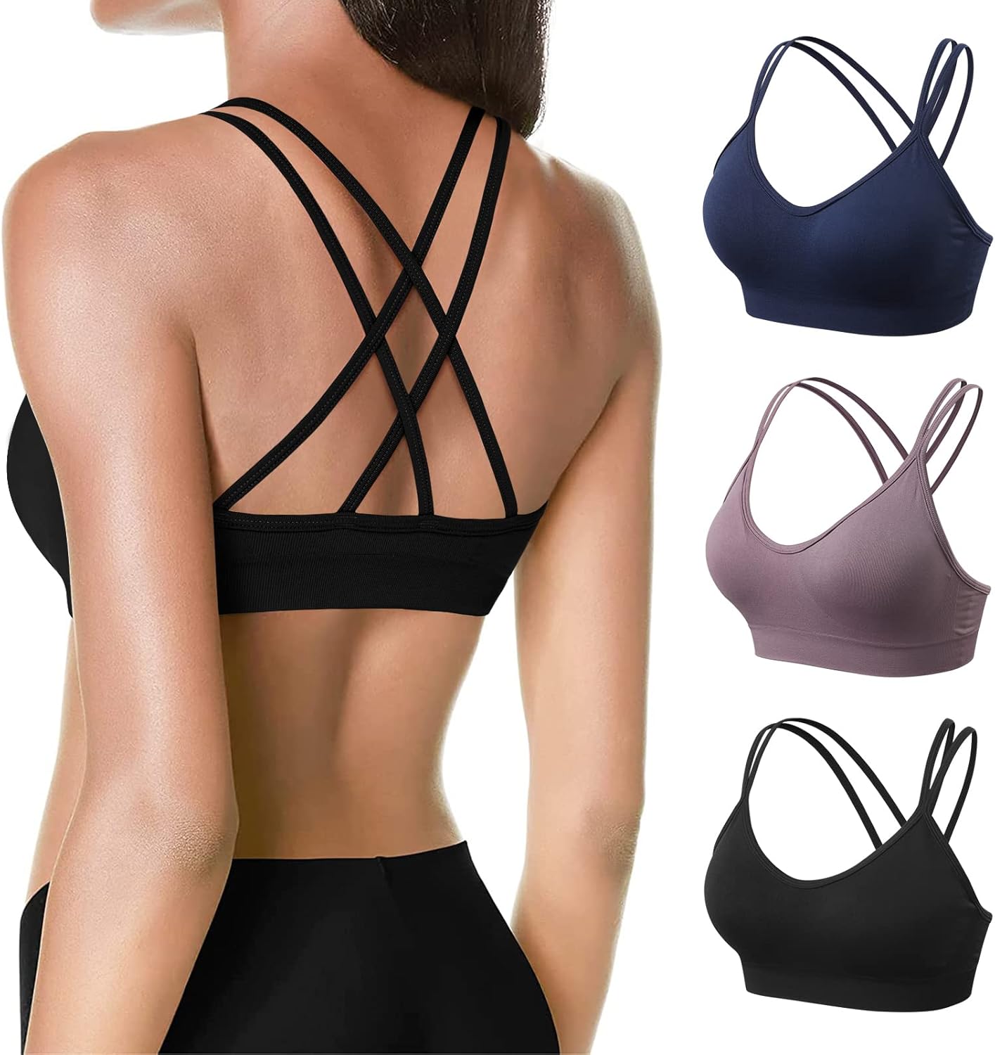Strappy Cross Back Women Sports Bra Pack for Medium Support Workout | Removable Padded Cups, Spaghetti Strap, Comfort Seamless Wirefree, Soft Breathable Fabric, for Gym/Yoga/Pilates/Walking/Daily