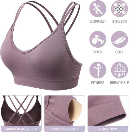 Strappy Cross Back Women Sports Bra Pack for Medium Support Workout | Removable Padded Cups, Spaghetti Strap, Comfort Seamless Wirefree, Soft Breathable Fabric, for Gym/Yoga/Pilates/Walking/Daily