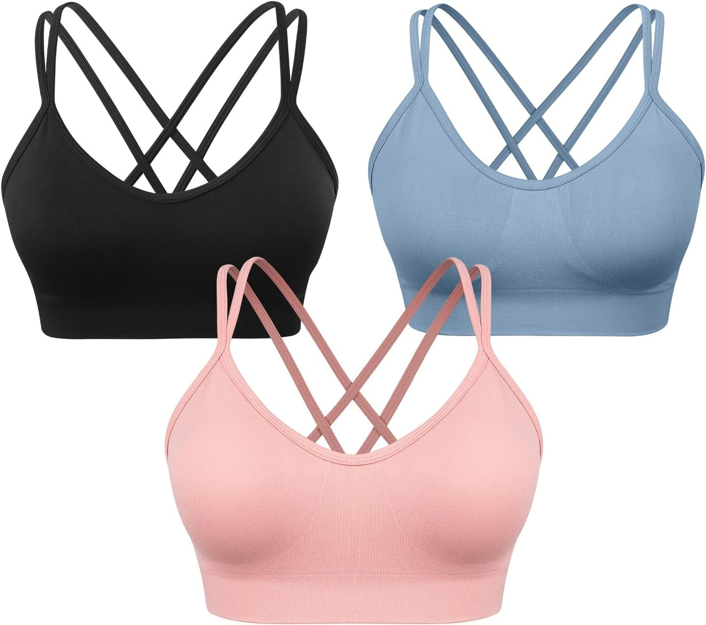 Strappy Cross Back Women Sports Bra Pack for Medium Support Workout | Removable Padded Cups, Spaghetti Strap, Comfort Seamless Wirefree, Soft Breathable Fabric, for Gym/Yoga/Pilates/Walking/Daily