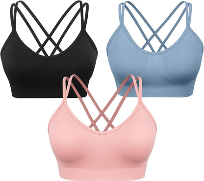 Strappy Cross Back Women Sports Bra Pack for Medium Support Workout | Removable Padded Cups, Spaghetti Strap, Comfort Seamless Wirefree, Soft Breathable Fabric, for Gym/Yoga/Pilates/Walking/Daily