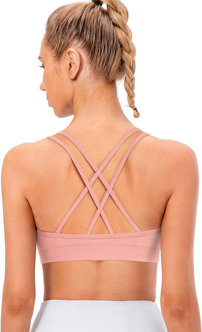 Strappy Cross Back Women Sports Bra Pack for Medium Support Workout | Removable Padded Cups, Spaghetti Strap, Comfort Seamless Wirefree, Soft Breathable Fabric, for Gym/Yoga/Pilates/Walking/Daily