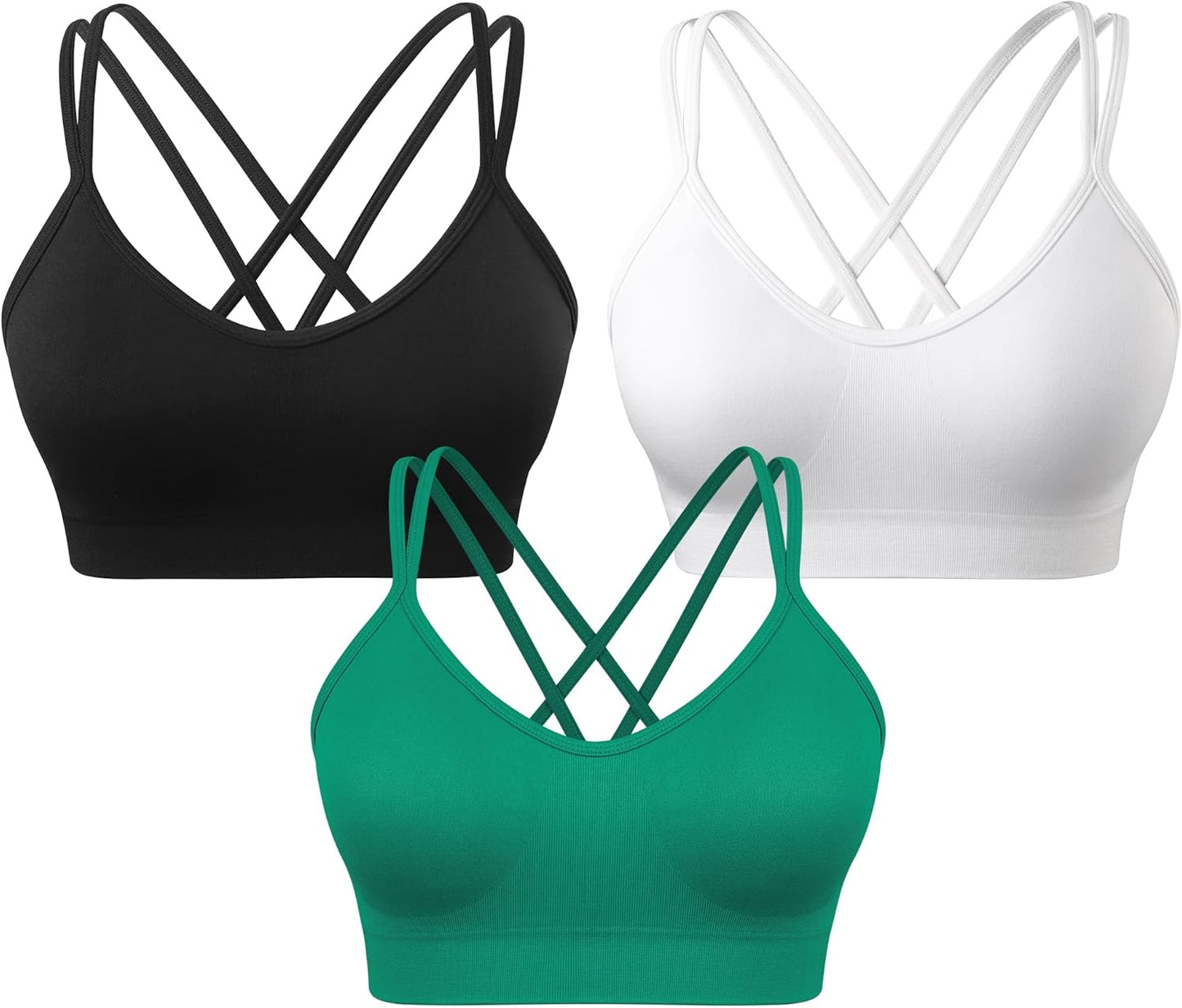 Strappy Cross Back Women Sports Bra Pack for Medium Support Workout | Removable Padded Cups, Spaghetti Strap, Comfort Seamless Wirefree, Soft Breathable Fabric, for Gym/Yoga/Pilates/Walking/Daily