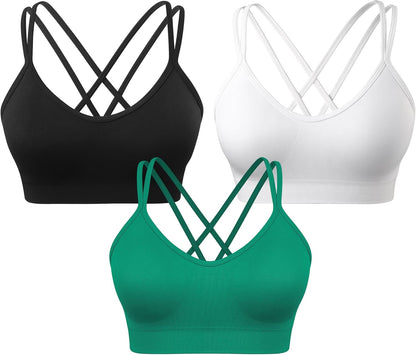 Strappy Cross Back Women Sports Bra Pack for Medium Support Workout | Removable Padded Cups, Spaghetti Strap, Comfort Seamless Wirefree, Soft Breathable Fabric, for Gym/Yoga/Pilates/Walking/Daily