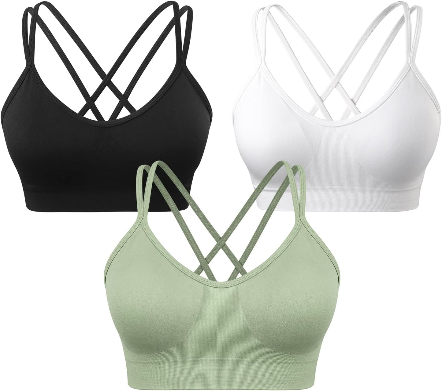 Strappy Cross Back Women Sports Bra Pack for Medium Support Workout | Removable Padded Cups, Spaghetti Strap, Comfort Seamless Wirefree, Soft Breathable Fabric, for Gym/Yoga/Pilates/Walking/Daily