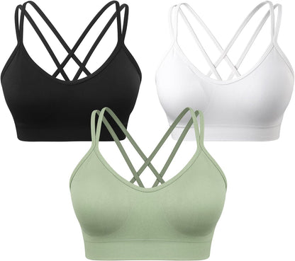 Strappy Cross Back Women Sports Bra Pack for Medium Support Workout | Removable Padded Cups, Spaghetti Strap, Comfort Seamless Wirefree, Soft Breathable Fabric, for Gym/Yoga/Pilates/Walking/Daily