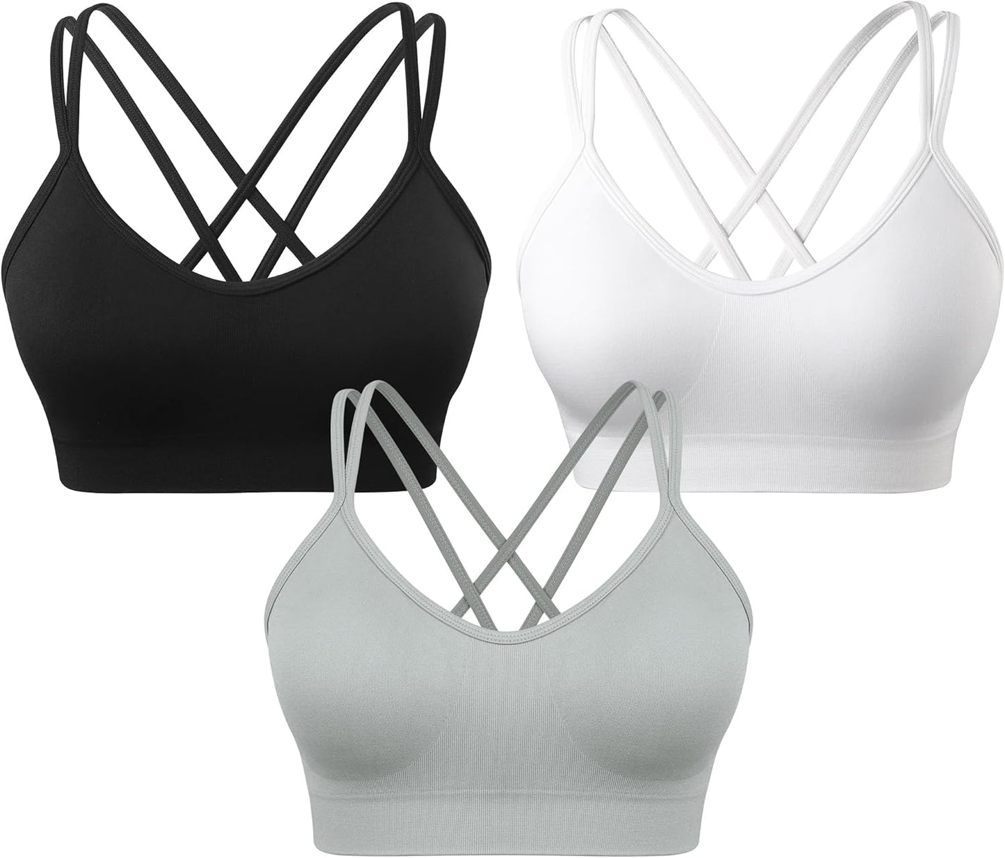 Strappy Cross Back Women Sports Bra Pack for Medium Support Workout | Removable Padded Cups, Spaghetti Strap, Comfort Seamless Wirefree, Soft Breathable Fabric, for Gym/Yoga/Pilates/Walking/Daily