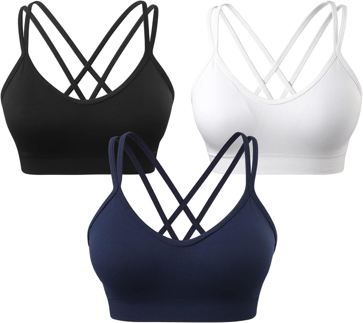 Strappy Cross Back Women Sports Bra Pack for Medium Support Workout | Removable Padded Cups, Spaghetti Strap, Comfort Seamless Wirefree, Soft Breathable Fabric, for Gym/Yoga/Pilates/Walking/Daily