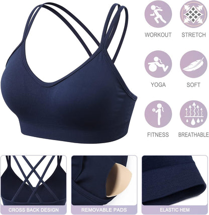 Strappy Cross Back Women Sports Bra Pack for Medium Support Workout | Removable Padded Cups, Spaghetti Strap, Comfort Seamless Wirefree, Soft Breathable Fabric, for Gym/Yoga/Pilates/Walking/Daily