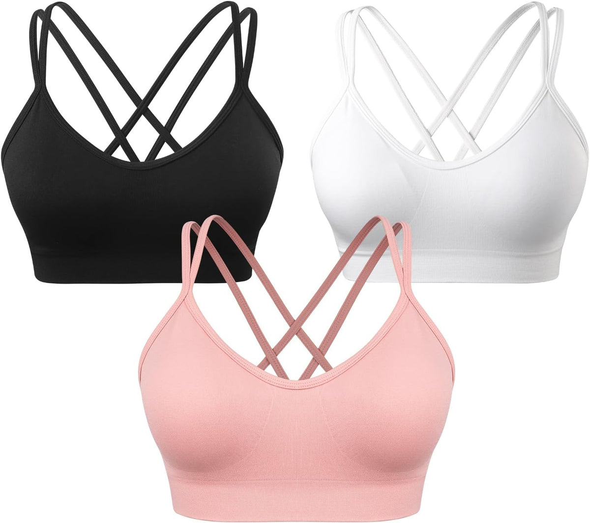 Strappy Cross Back Women Sports Bra Pack for Medium Support Workout | Removable Padded Cups, Spaghetti Strap, Comfort Seamless Wirefree, Soft Breathable Fabric, for Gym/Yoga/Pilates/Walking/Daily