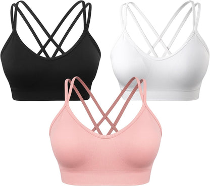 Strappy Cross Back Women Sports Bra Pack for Medium Support Workout | Removable Padded Cups, Spaghetti Strap, Comfort Seamless Wirefree, Soft Breathable Fabric, for Gym/Yoga/Pilates/Walking/Daily