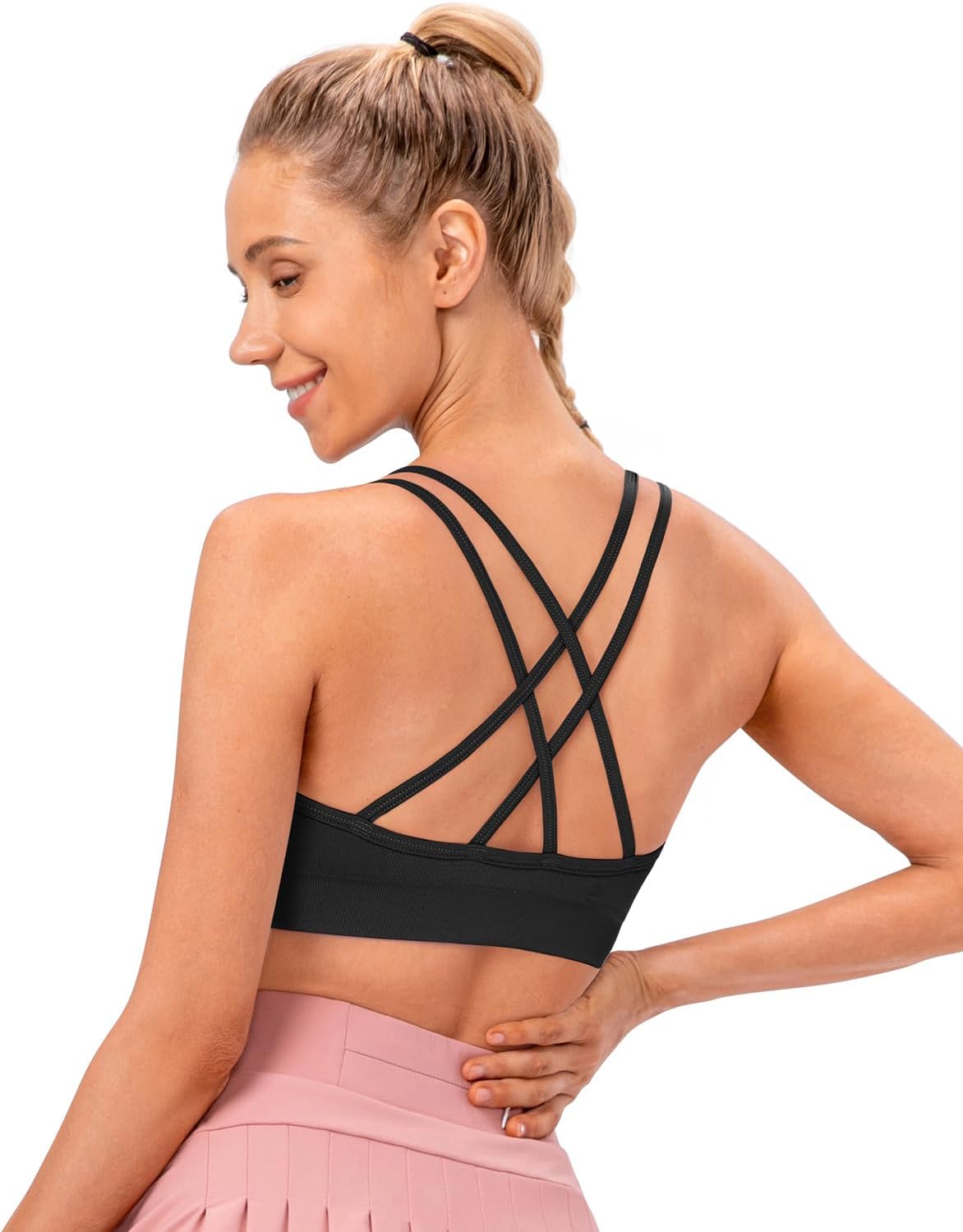 Strappy Cross Back Women Sports Bra Pack for Medium Support Workout | Removable Padded Cups, Spaghetti Strap, Comfort Seamless Wirefree, Soft Breathable Fabric, for Gym/Yoga/Pilates/Walking/Daily
