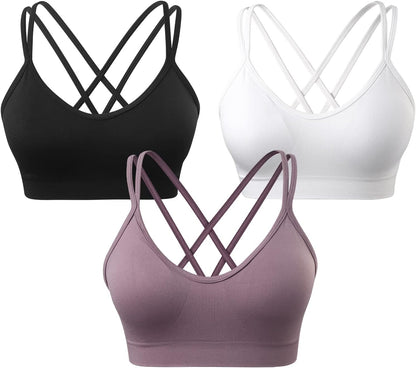 Strappy Cross Back Women Sports Bra Pack for Medium Support Workout | Removable Padded Cups, Spaghetti Strap, Comfort Seamless Wirefree, Soft Breathable Fabric, for Gym/Yoga/Pilates/Walking/Daily