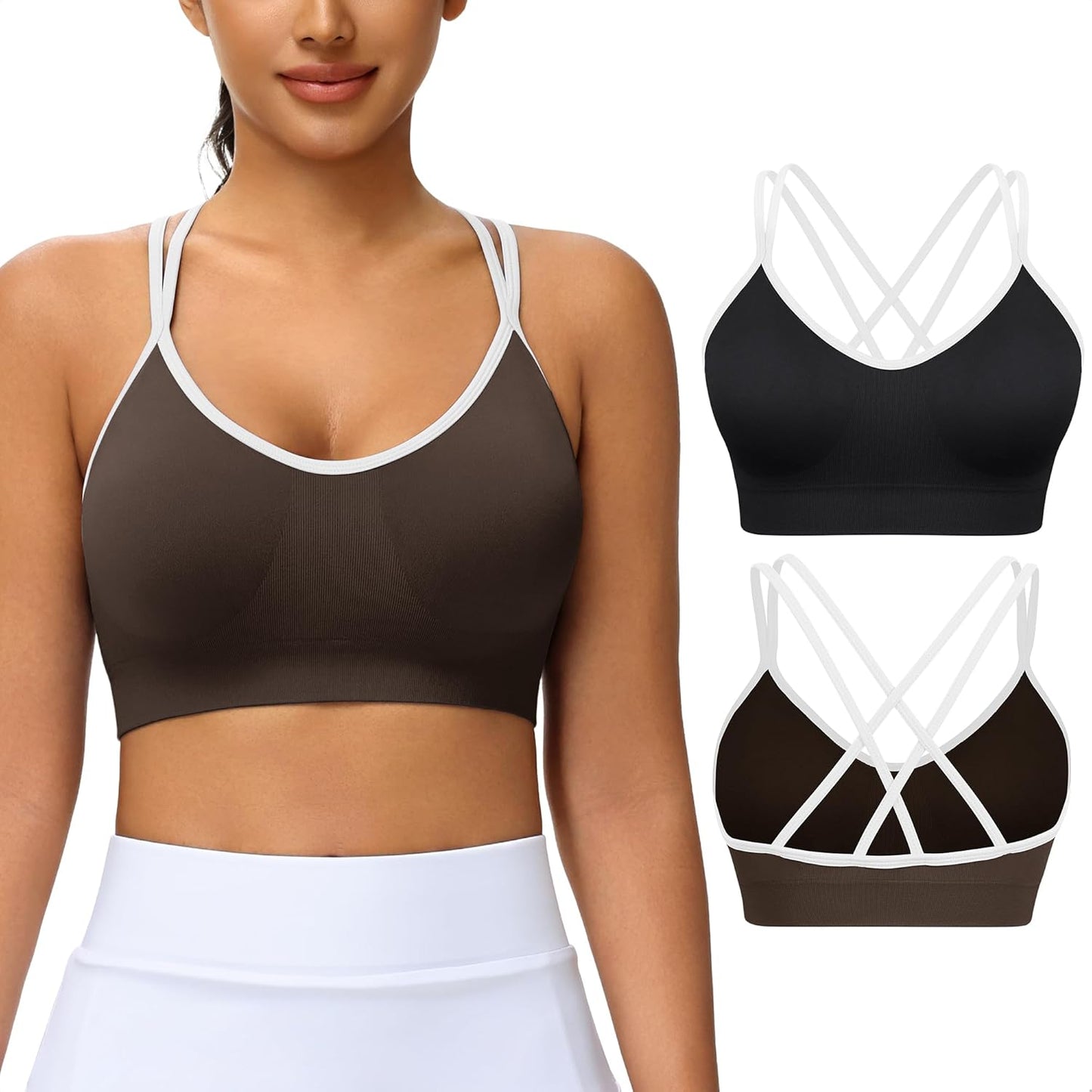 Strappy Cross Back Women Sports Bra Pack for Medium Support Workout | Removable Padded Cups, Spaghetti Strap, Comfort Seamless Wirefree, Soft Breathable Fabric, for Gym/Yoga/Pilates/Walking/Daily