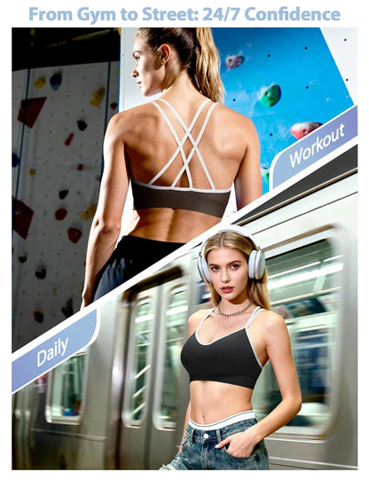 Strappy Cross Back Women Sports Bra Pack for Medium Support Workout | Removable Padded Cups, Spaghetti Strap, Comfort Seamless Wirefree, Soft Breathable Fabric, for Gym/Yoga/Pilates/Walking/Daily