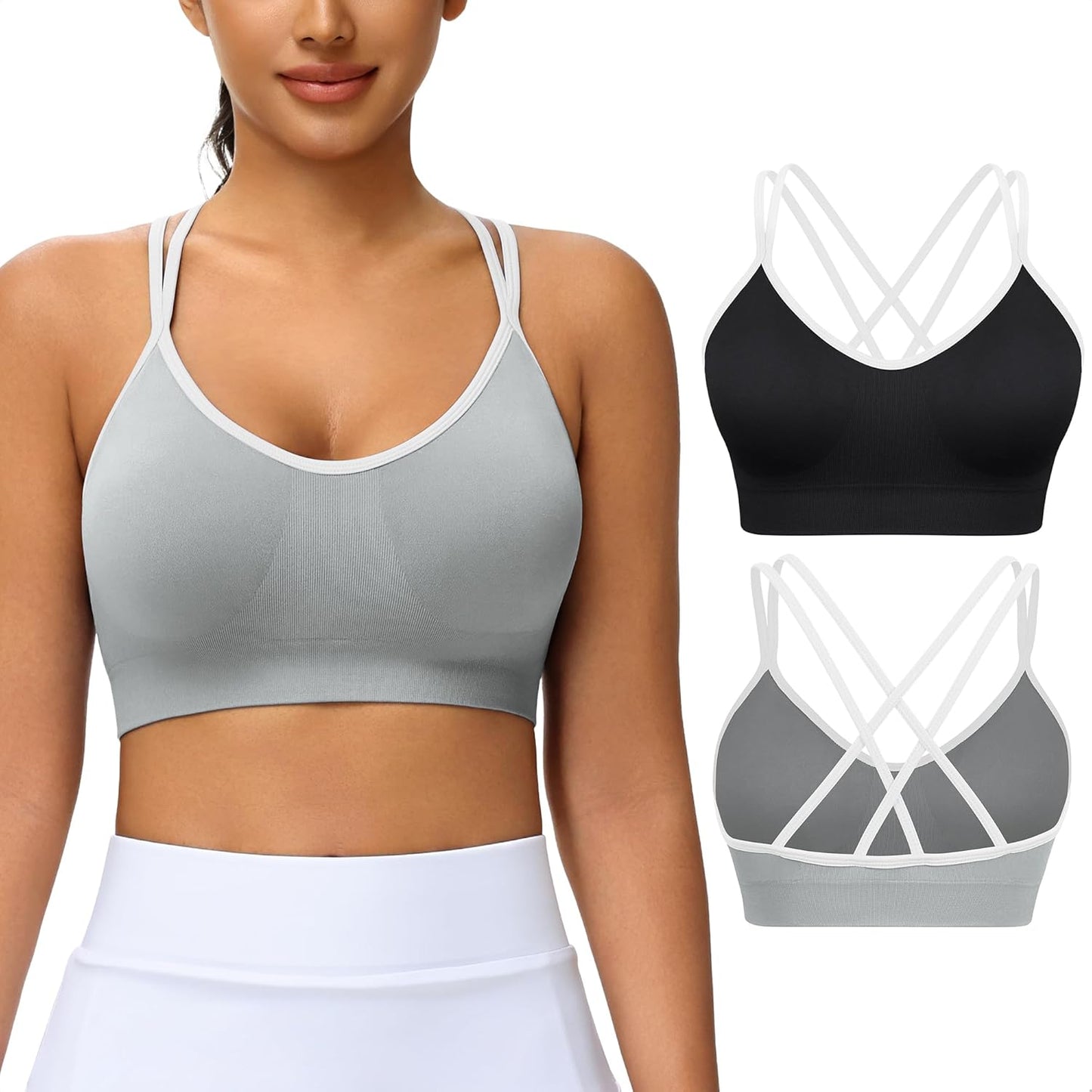 Strappy Cross Back Women Sports Bra Pack for Medium Support Workout | Removable Padded Cups, Spaghetti Strap, Comfort Seamless Wirefree, Soft Breathable Fabric, for Gym/Yoga/Pilates/Walking/Daily