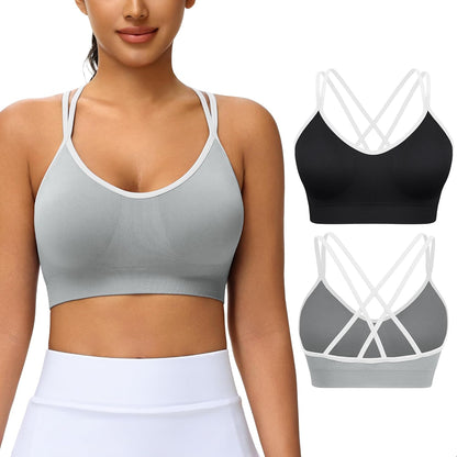 Strappy Cross Back Women Sports Bra Pack for Medium Support Workout | Removable Padded Cups, Spaghetti Strap, Comfort Seamless Wirefree, Soft Breathable Fabric, for Gym/Yoga/Pilates/Walking/Daily