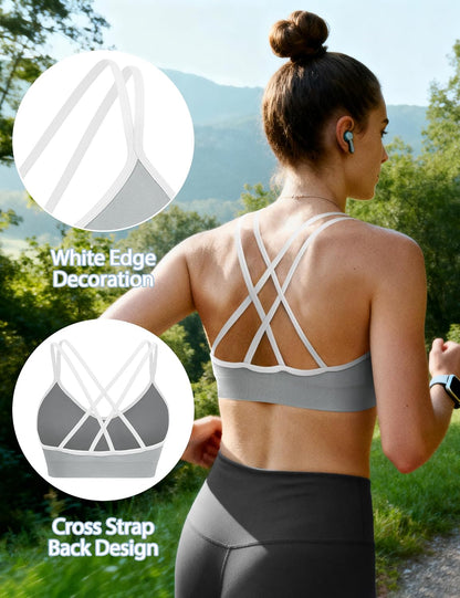 Strappy Cross Back Women Sports Bra Pack for Medium Support Workout | Removable Padded Cups, Spaghetti Strap, Comfort Seamless Wirefree, Soft Breathable Fabric, for Gym/Yoga/Pilates/Walking/Daily