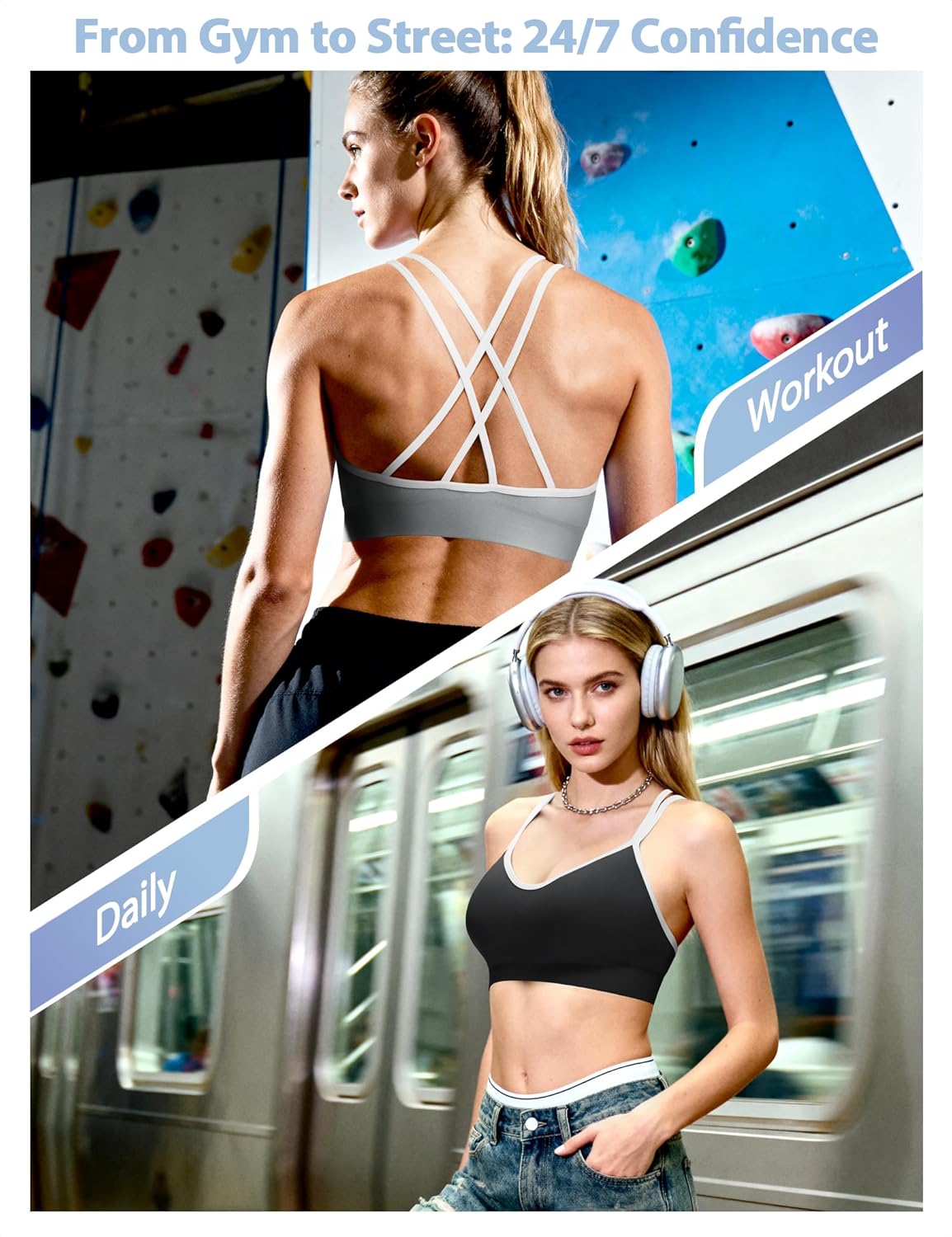 Strappy Cross Back Women Sports Bra Pack for Medium Support Workout | Removable Padded Cups, Spaghetti Strap, Comfort Seamless Wirefree, Soft Breathable Fabric, for Gym/Yoga/Pilates/Walking/Daily