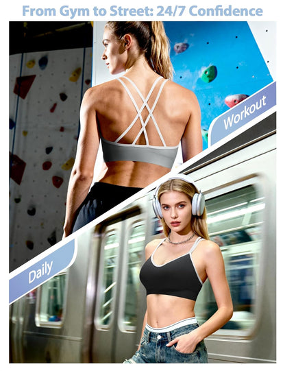 Strappy Cross Back Women Sports Bra Pack for Medium Support Workout | Removable Padded Cups, Spaghetti Strap, Comfort Seamless Wirefree, Soft Breathable Fabric, for Gym/Yoga/Pilates/Walking/Daily