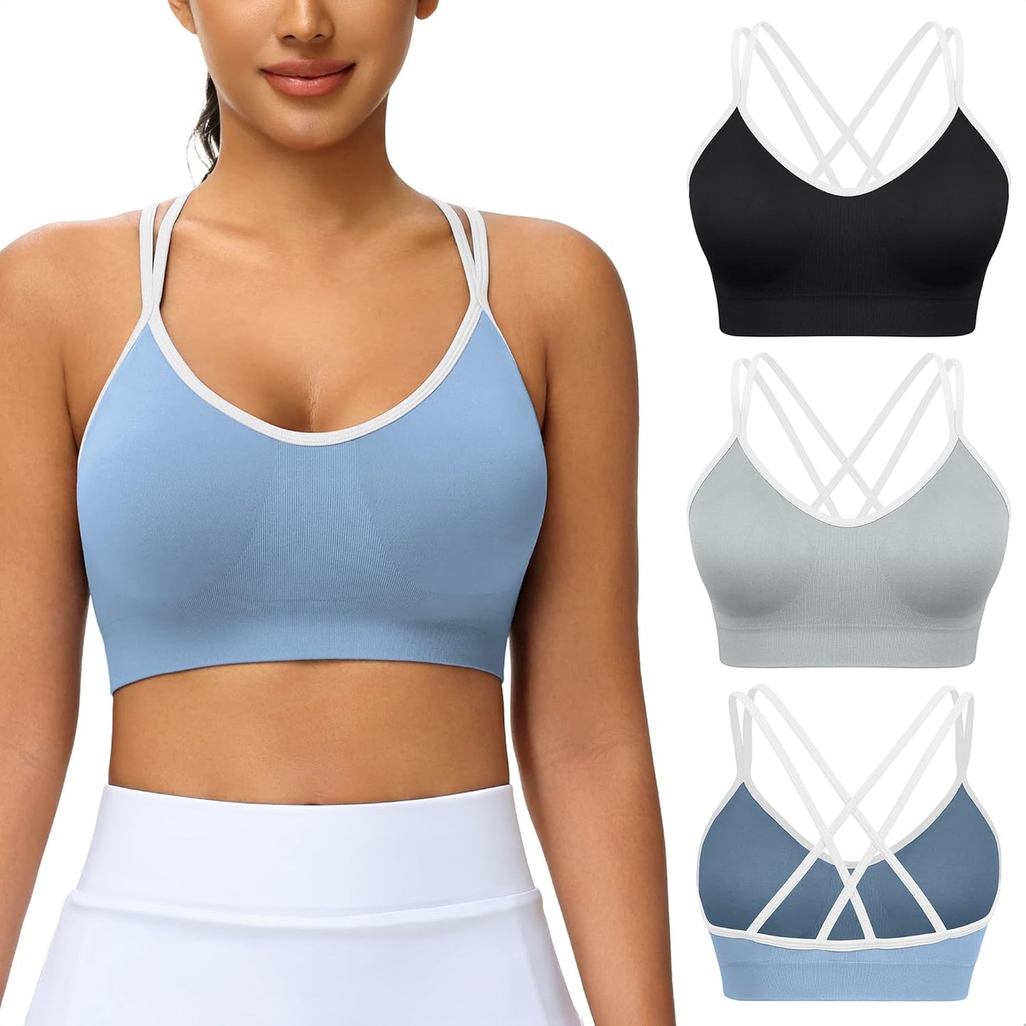 Strappy Cross Back Women Sports Bra Pack for Medium Support Workout | Removable Padded Cups, Spaghetti Strap, Comfort Seamless Wirefree, Soft Breathable Fabric, for Gym/Yoga/Pilates/Walking/Daily
