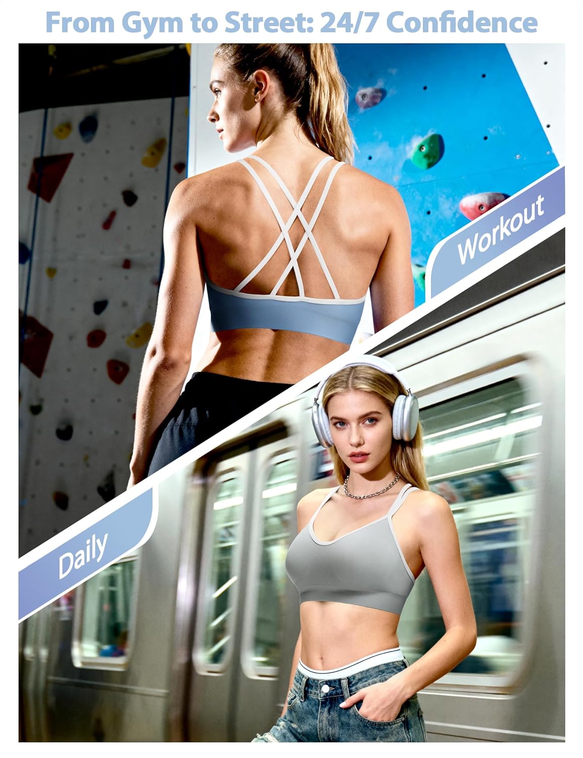 Strappy Cross Back Women Sports Bra Pack for Medium Support Workout | Removable Padded Cups, Spaghetti Strap, Comfort Seamless Wirefree, Soft Breathable Fabric, for Gym/Yoga/Pilates/Walking/Daily