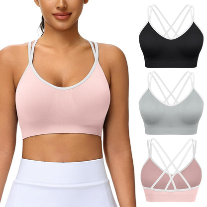 Strappy Cross Back Women Sports Bra Pack for Medium Support Workout | Removable Padded Cups, Spaghetti Strap, Comfort Seamless Wirefree, Soft Breathable Fabric, for Gym/Yoga/Pilates/Walking/Daily