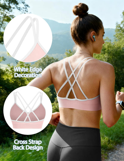 Strappy Cross Back Women Sports Bra Pack for Medium Support Workout | Removable Padded Cups, Spaghetti Strap, Comfort Seamless Wirefree, Soft Breathable Fabric, for Gym/Yoga/Pilates/Walking/Daily
