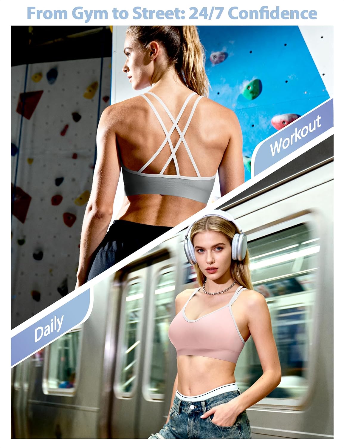 Strappy Cross Back Women Sports Bra Pack for Medium Support Workout | Removable Padded Cups, Spaghetti Strap, Comfort Seamless Wirefree, Soft Breathable Fabric, for Gym/Yoga/Pilates/Walking/Daily