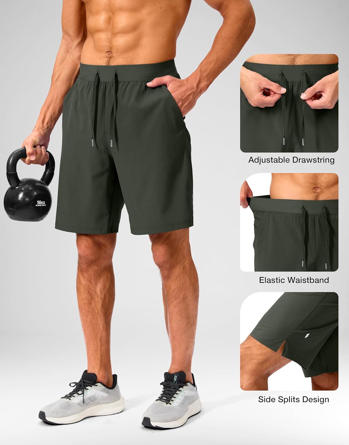 Soothfeel Men's Running Shorts with Zipper Pockets 9"/ 7"/ 5" Quick Dry Eight Basketball Gym Workout Athletic Shorts
