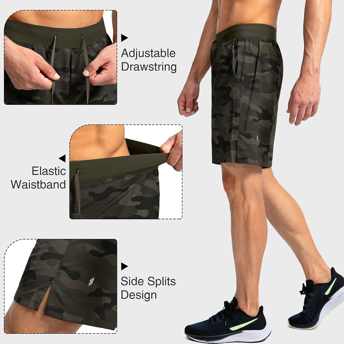 Soothfeel Men's Running Shorts with Zipper Pockets 9"/ 7"/ 5" Quick Dry Eight Basketball Gym Workout Athletic Shorts