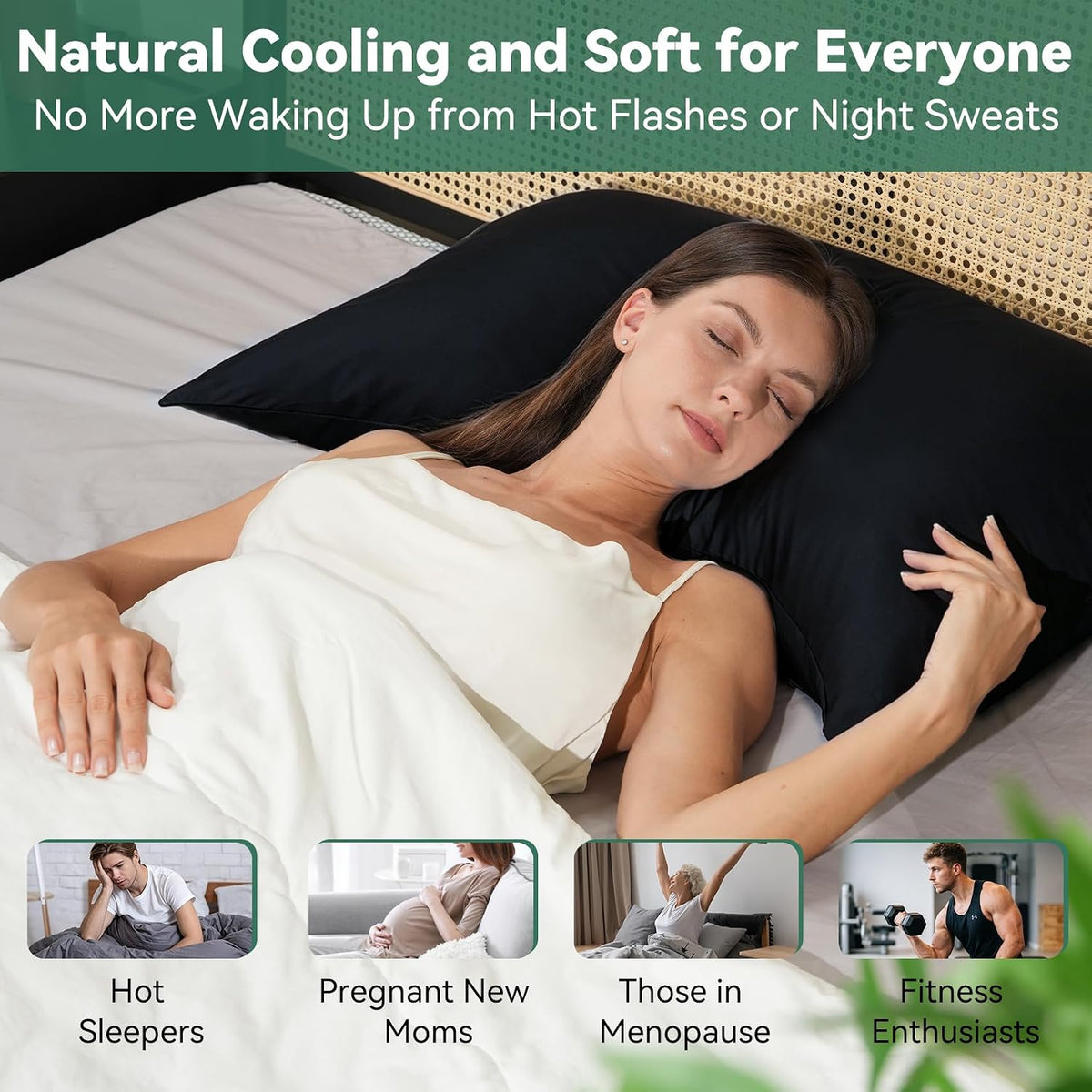Cooling Curved Pillowcase for Side Sleeper Pillow - Rayon Derived from Bamboo Pillowcase with Zipper, Breathable and Soft Silky Cover for Hot Sleeper Protecting Hair & Skin Queen Size 2 Pack, White