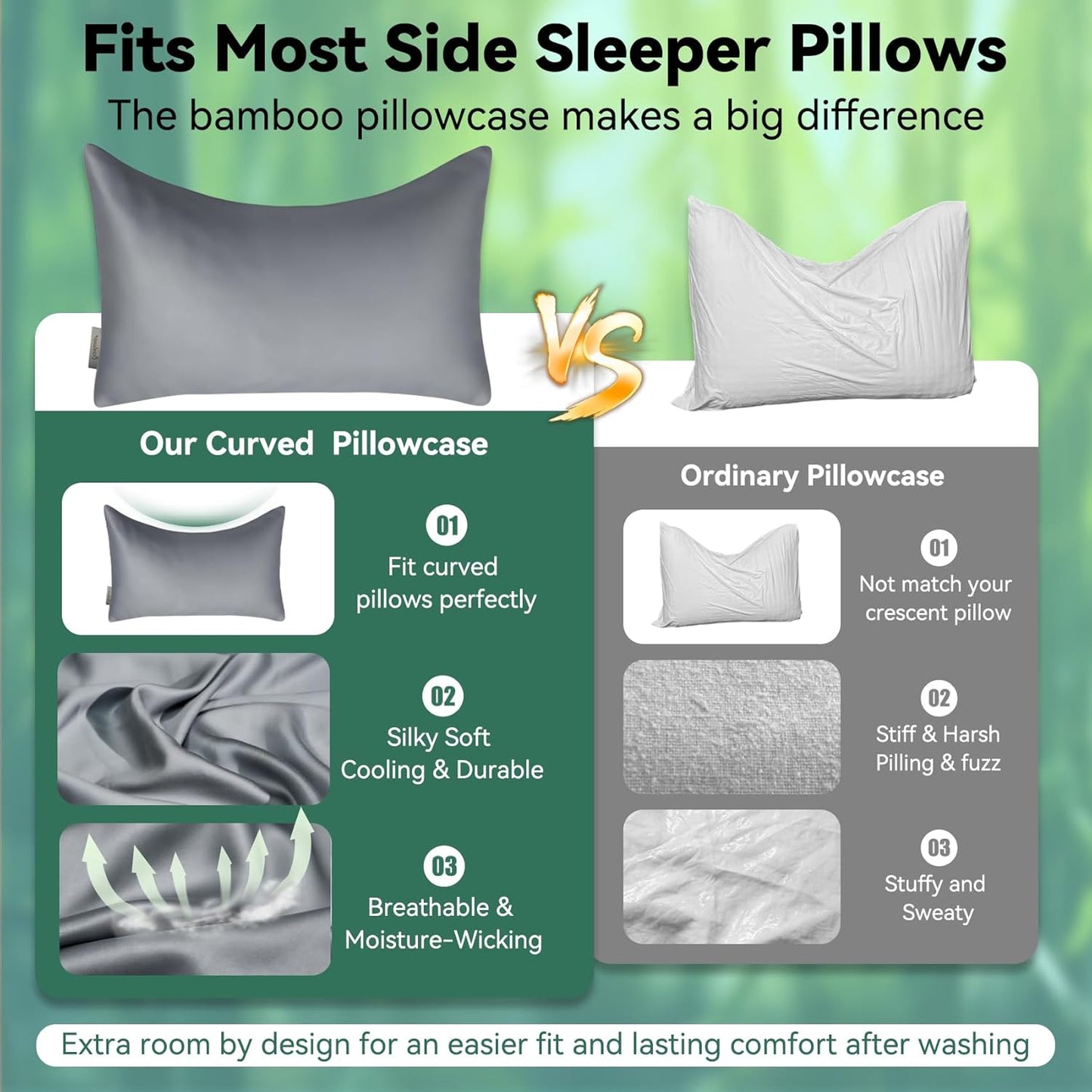 Cooling Curved Pillowcase for Side Sleeper Pillow - Rayon Derived from Bamboo Pillowcase with Zipper, Breathable and Soft Silky Cover for Hot Sleeper Protecting Hair & Skin Queen Size 2 Pack, White