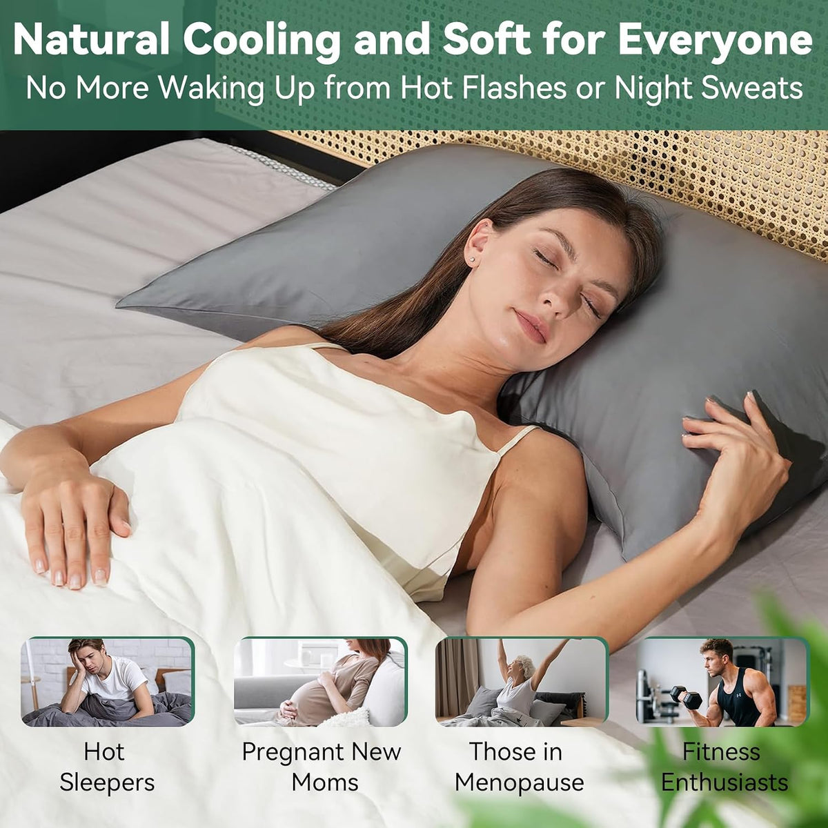 Cooling Curved Pillowcase for Side Sleeper Pillow - Rayon Derived from Bamboo Pillowcase with Zipper, Breathable and Soft Silky Cover for Hot Sleeper Protecting Hair & Skin Queen Size 2 Pack, White
