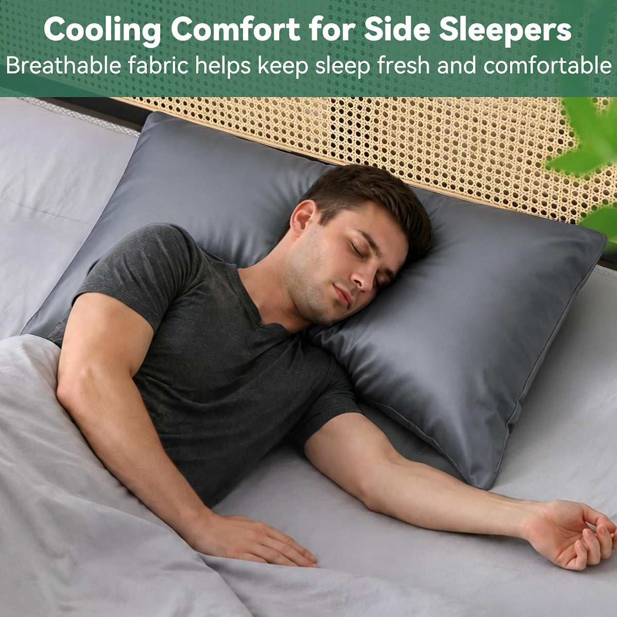 Cooling Curved Pillowcase for Side Sleeper Pillow - Rayon Derived from Bamboo Pillowcase with Zipper, Breathable and Soft Silky Cover for Hot Sleeper Protecting Hair & Skin Queen Size 2 Pack, White