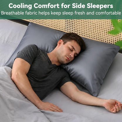 Cooling Curved Pillowcase for Side Sleeper Pillow - Rayon Derived from Bamboo Pillowcase with Zipper, Breathable and Soft Silky Cover for Hot Sleeper Protecting Hair & Skin Queen Size 2 Pack, White