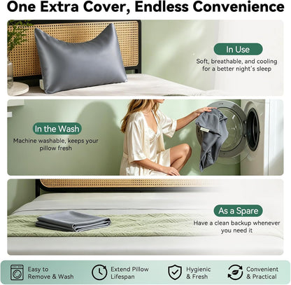 Cooling Curved Pillowcase for Side Sleeper Pillow - Rayon Derived from Bamboo Pillowcase with Zipper, Breathable and Soft Silky Cover for Hot Sleeper Protecting Hair & Skin Queen Size 2 Pack, White