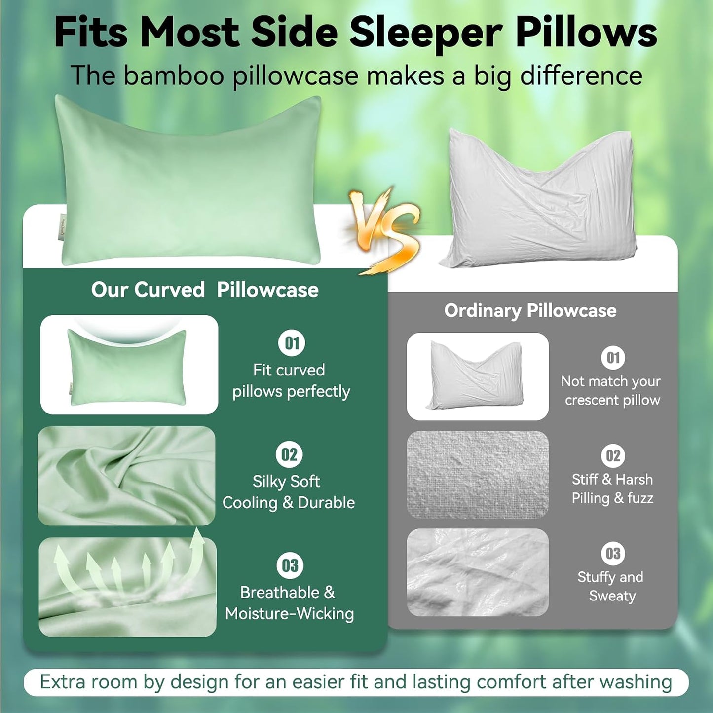 Cooling Curved Pillowcase for Side Sleeper Pillow - Rayon Derived from Bamboo Pillowcase with Zipper, Breathable and Soft Silky Cover for Hot Sleeper Protecting Hair & Skin Queen Size 2 Pack, White