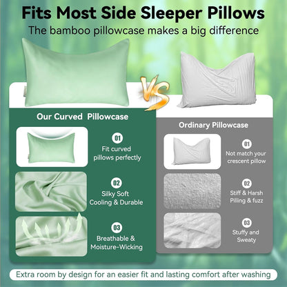 Cooling Curved Pillowcase for Side Sleeper Pillow - Rayon Derived from Bamboo Pillowcase with Zipper, Breathable and Soft Silky Cover for Hot Sleeper Protecting Hair & Skin Queen Size 2 Pack, White