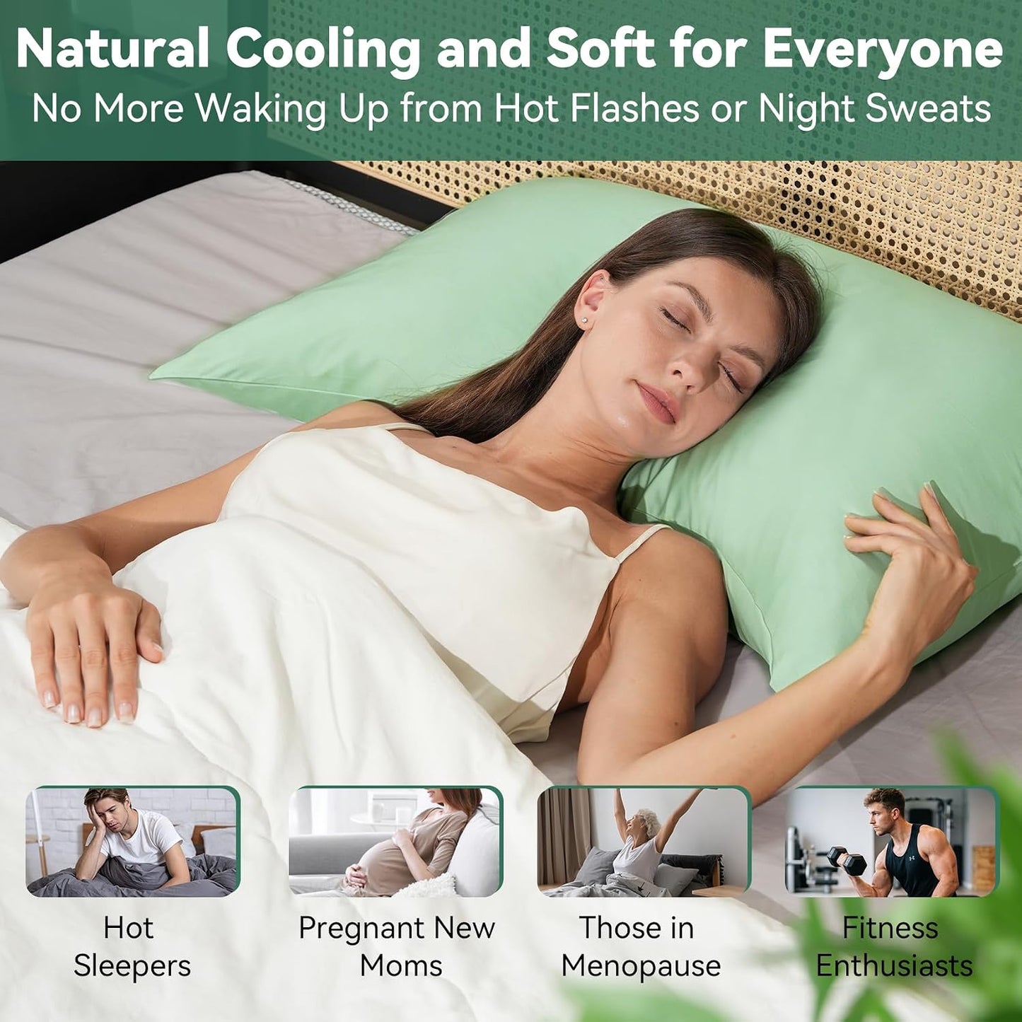 Cooling Curved Pillowcase for Side Sleeper Pillow - Rayon Derived from Bamboo Pillowcase with Zipper, Breathable and Soft Silky Cover for Hot Sleeper Protecting Hair & Skin Queen Size 2 Pack, White
