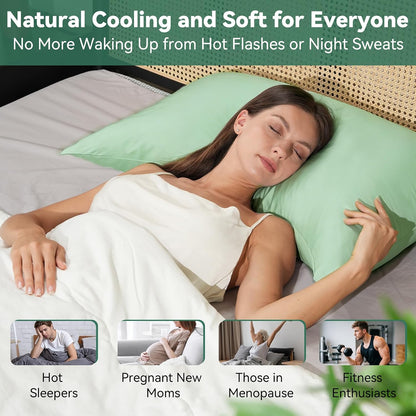 Cooling Curved Pillowcase for Side Sleeper Pillow - Rayon Derived from Bamboo Pillowcase with Zipper, Breathable and Soft Silky Cover for Hot Sleeper Protecting Hair & Skin Queen Size 2 Pack, White