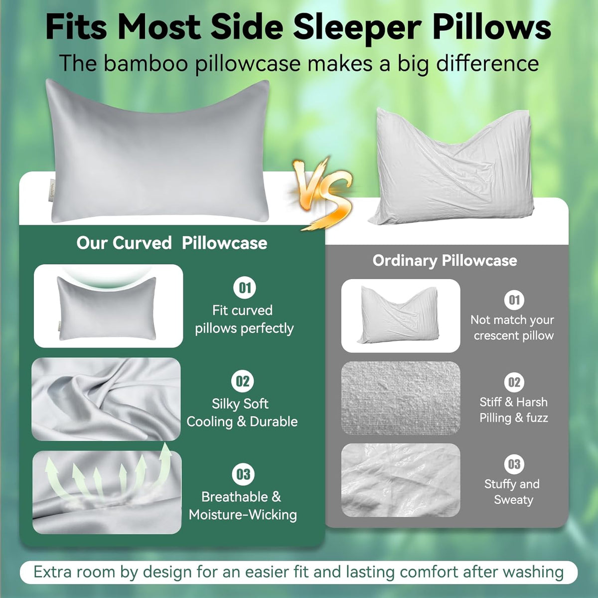 Cooling Curved Pillowcase for Side Sleeper Pillow - Rayon Derived from Bamboo Pillowcase with Zipper, Breathable and Soft Silky Cover for Hot Sleeper Protecting Hair & Skin Queen Size 2 Pack, White
